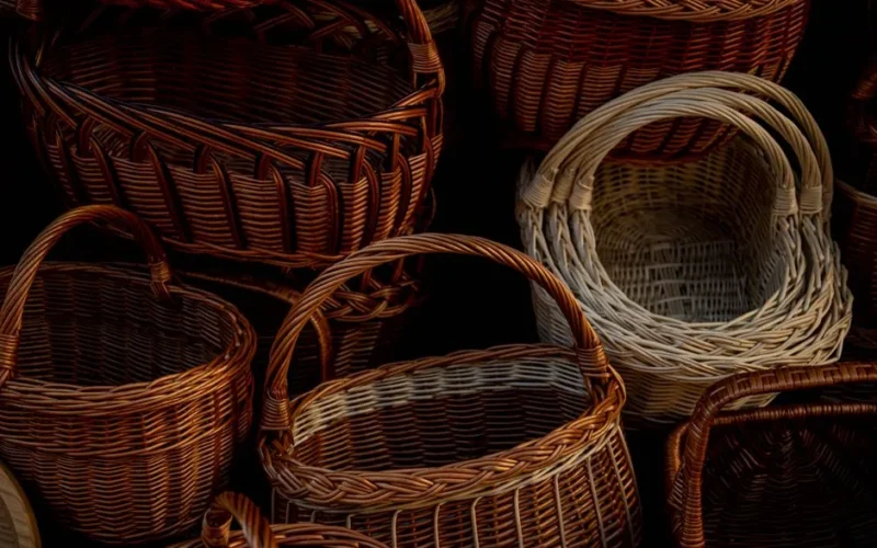 Beautifully arranged wicker and rattan baskets showcasing handmade craftsmanship.