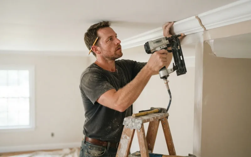 a person installing ceiling molding