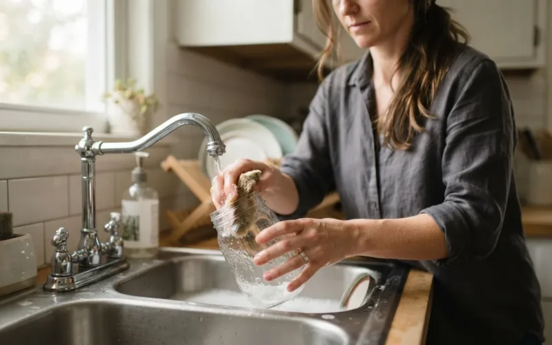 a person cleaning a glass jar in a kitchen sink