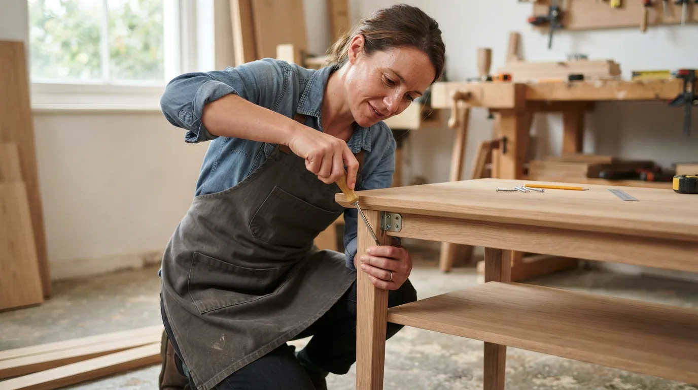 a person building or assembling a wooden coffee table