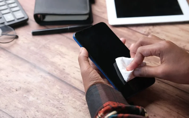 Hands wiping a smartphone with a cloth in an organized workspace. Emphasizes hygiene and device care.