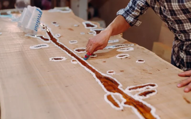 A skilled craftsman applying resin on a wooden table in a workshop setting.