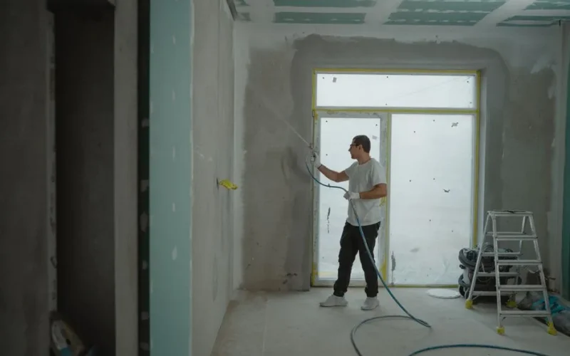 A man sprays paint on a wall while renovating an indoor room with professional equipment.
