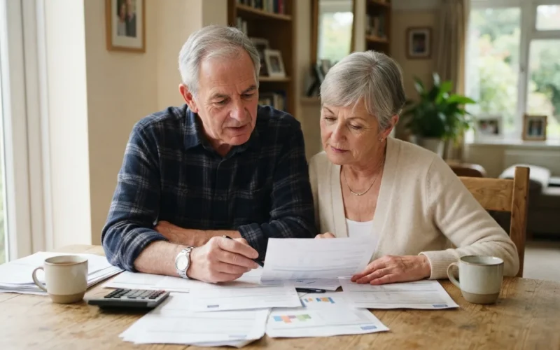 a senior couple reviewing financial documents together at a table