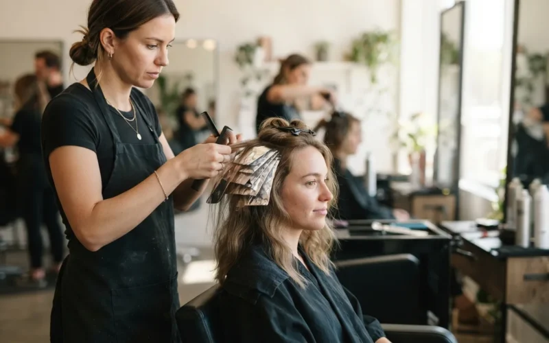 a hairstylist applying foils to a woman's hair at a salon