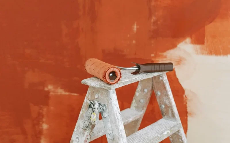 Paint roller on a ladder with a partially painted red wall in the background.