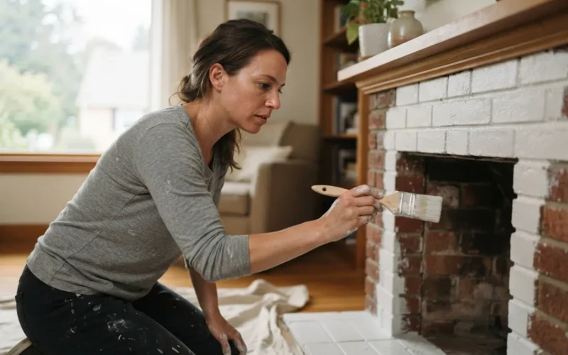 a person painting a fireplace with a brush