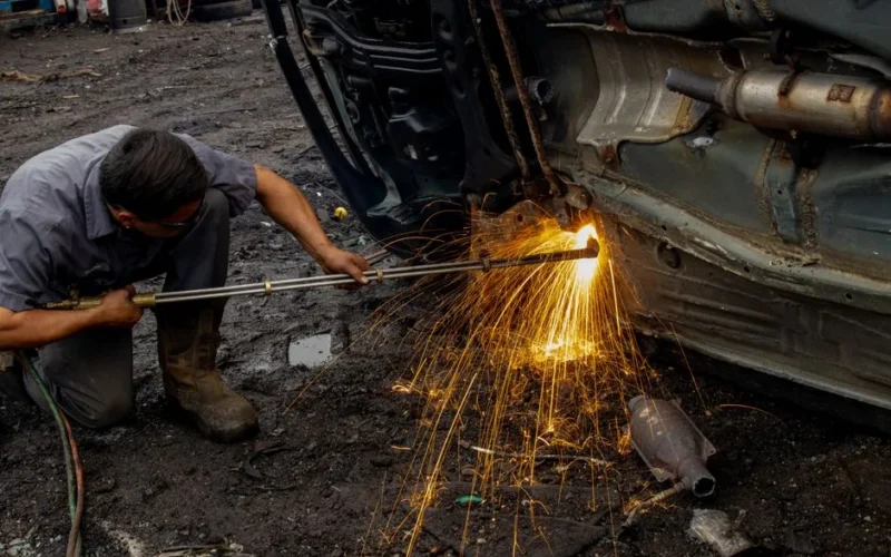 Mechanic welding a car frame outdoors, producing dramatic sparks and intense focus.