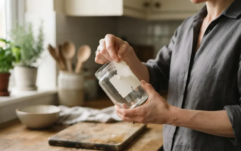 a person peeling a label off a glass jar in a kitchen