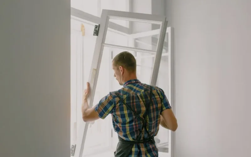 Back view of anonymous male fitter in checkered shirt and apron mounting window with hinges near white walls at home