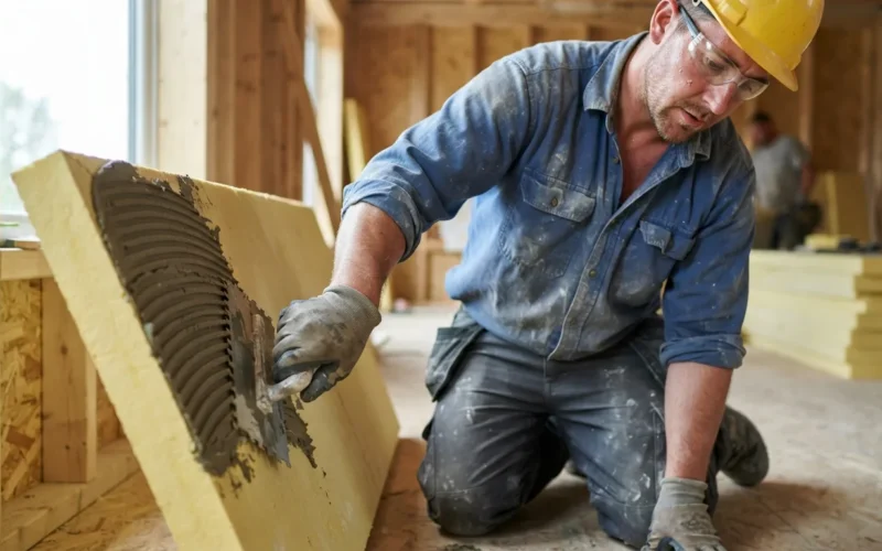 a worker applying adhesive to insulation board