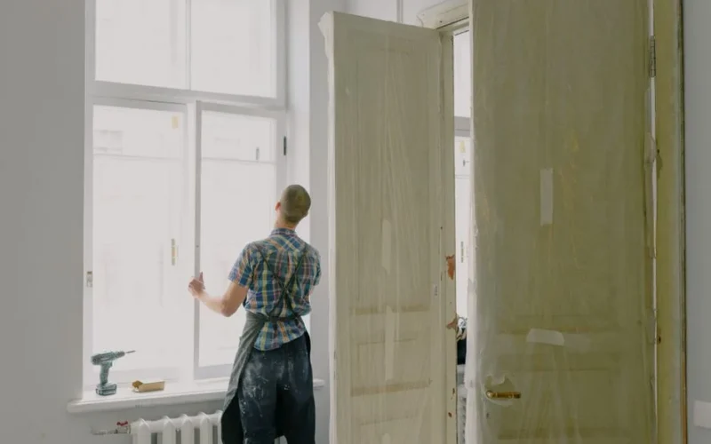Back view of unrecognizable workman in apron mounting window near drilling machine and doors in flat