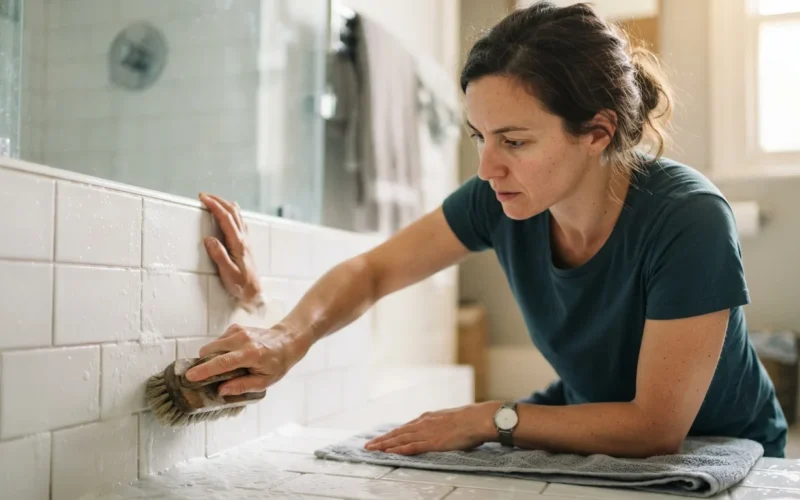 a person scrubbing bathroom tiles with a brush