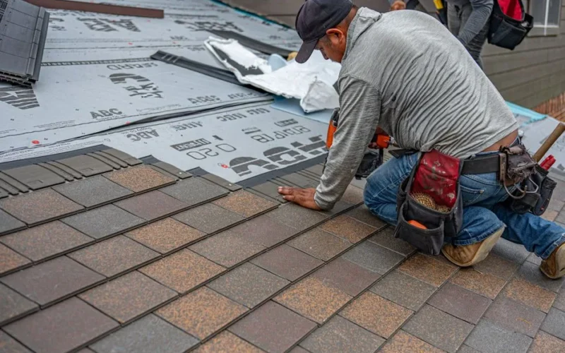 Skilled roofer installing asphalt shingles, ensuring quality home renovation.