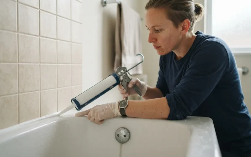 a person applying sealant around a bathtub edge