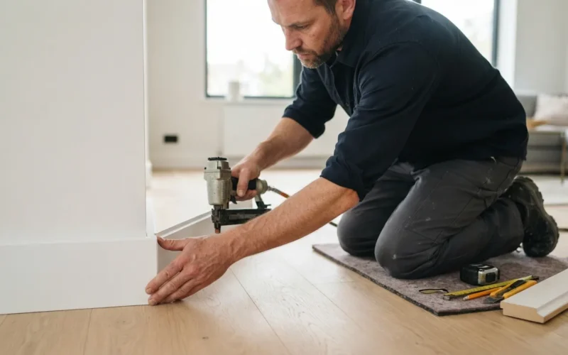 a person installing floor trim in a modern room