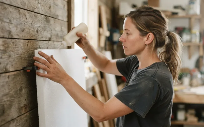 a person applying glue to a foam board on a wooden wall