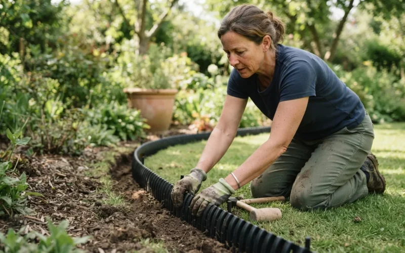 a person installing garden edging in a lawn