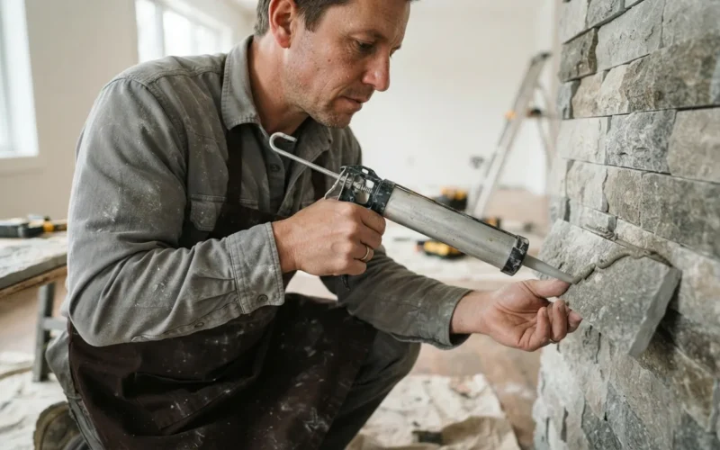 a person applying glue to a decorative stone panel on a wall