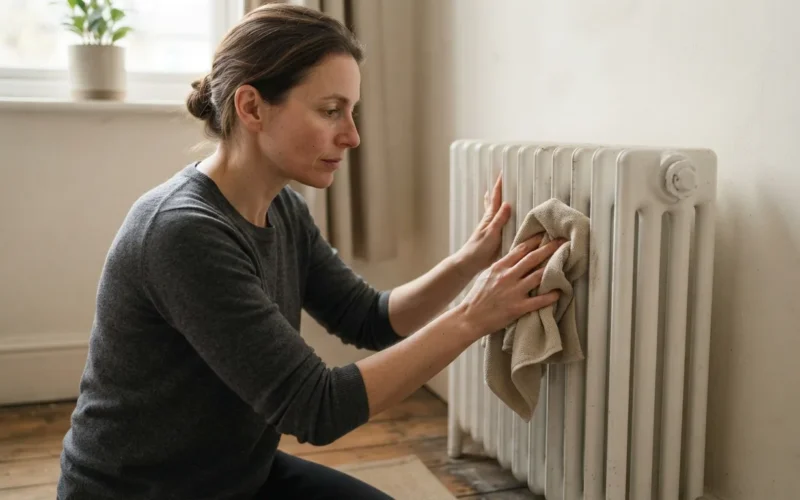a person cleaning a radiator with a cloth