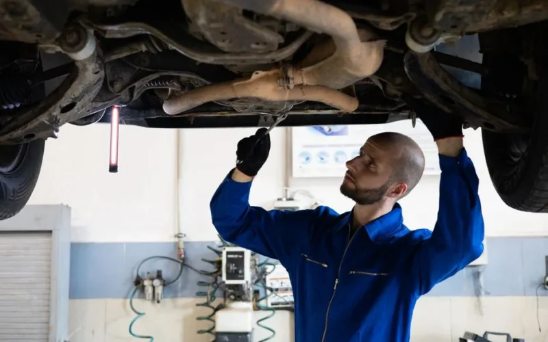 A mechanic in blue overalls inspects the exhaust system of a car in a workshop.