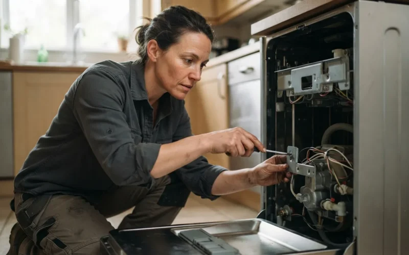 a person repairing a dishwasher