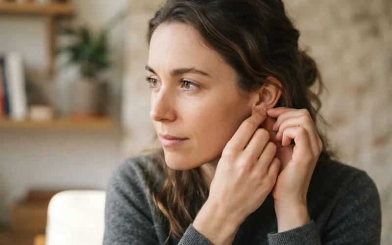a person carefully touching their ear