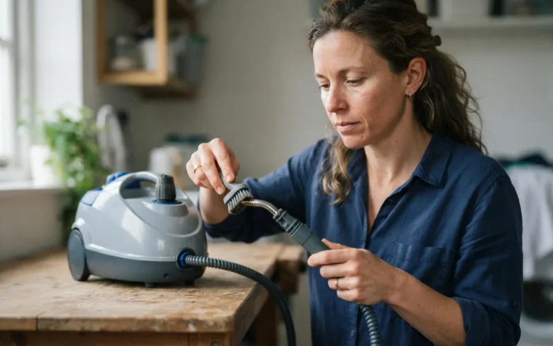 a person cleaning a steam cleaner with a tool