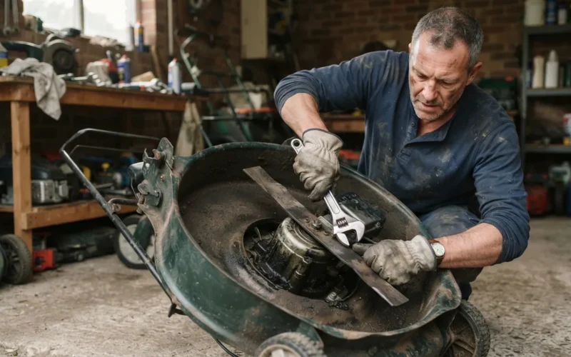 a person removing a blade from a lawn mower