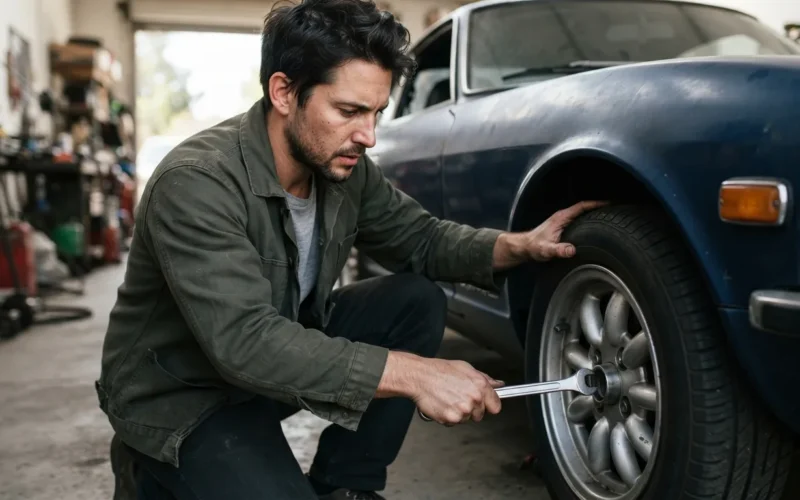 a person using a wrench on a car wheel