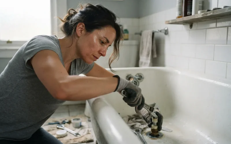 a person repairing a bathtub drain