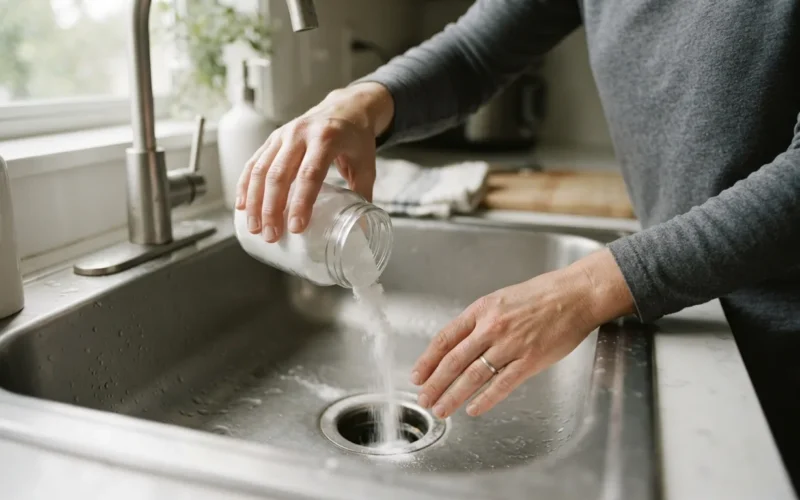 a person pouring baking soda into a kitchen sink drain