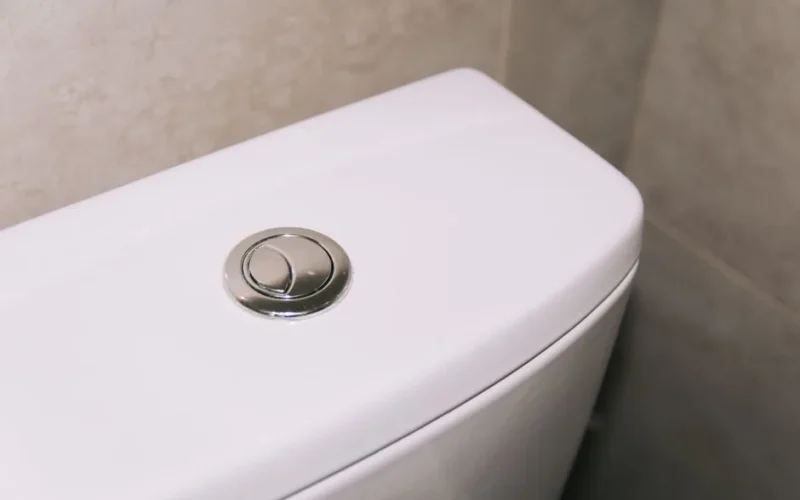 Close-up of a modern dual flush toilet with a chrome button, highlighting clean and contemporary design.