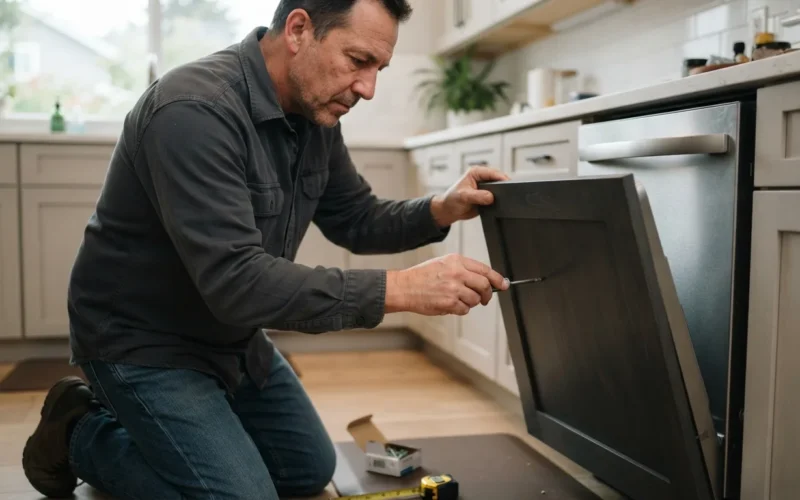 a person installing a dishwasher door panel