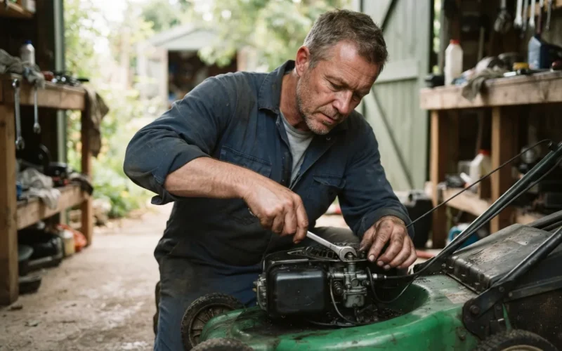a person fixing a lawn mower