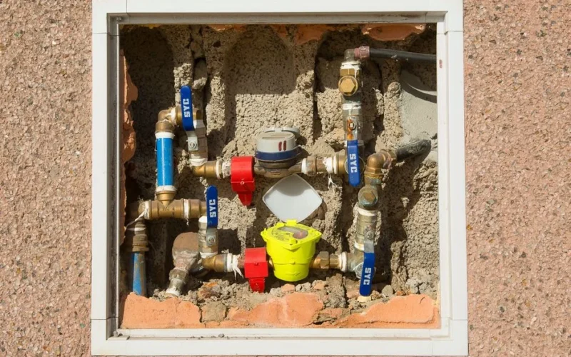 Detailed view of a complex water meter setup embedded in a concrete wall.