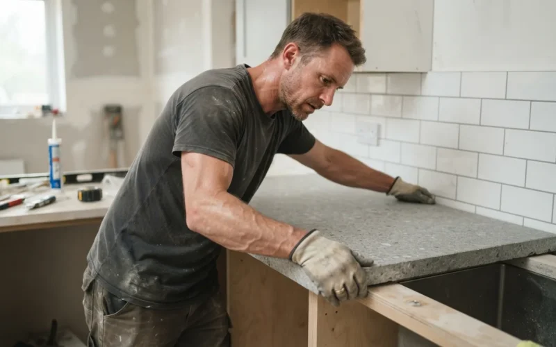 a person installing a kitchen countertop