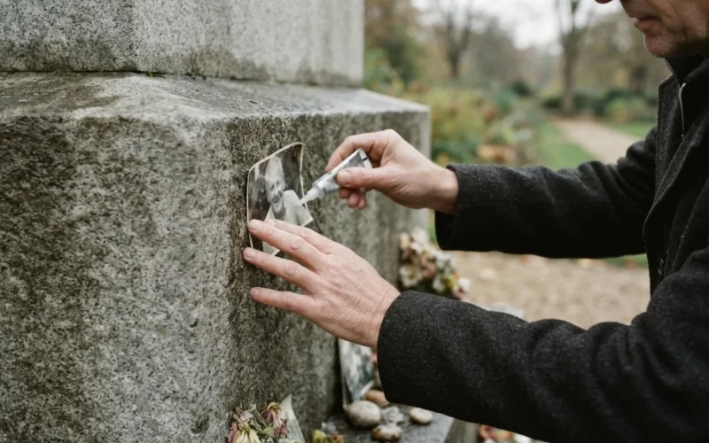 a person attaching a photograph to a stone monument with glue