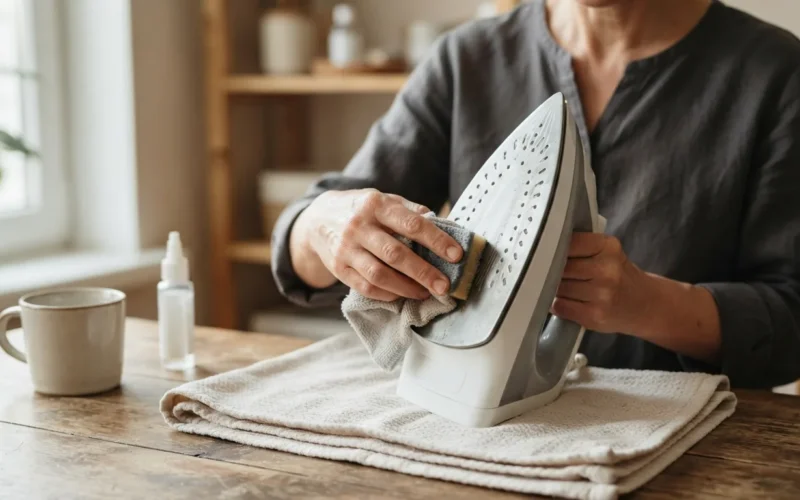 a person cleaning the bottom of a household iron