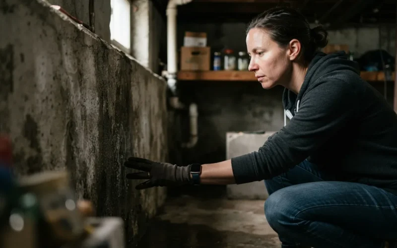 a person inspecting a damp basement wall