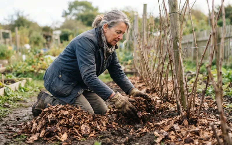 a gardener covering raspberry canes with mulch