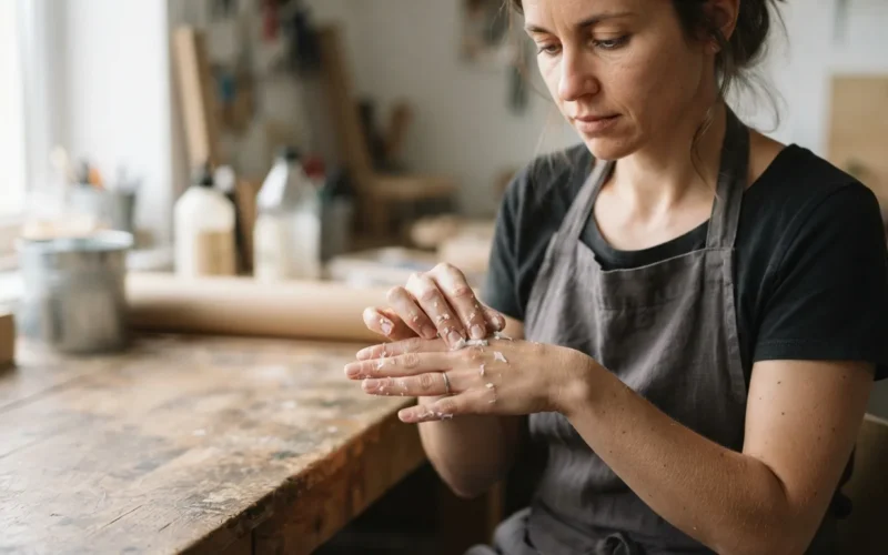 a person wiping glue from their hand