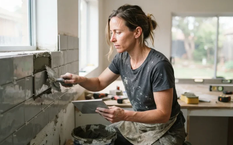a person installing tiles on a wall