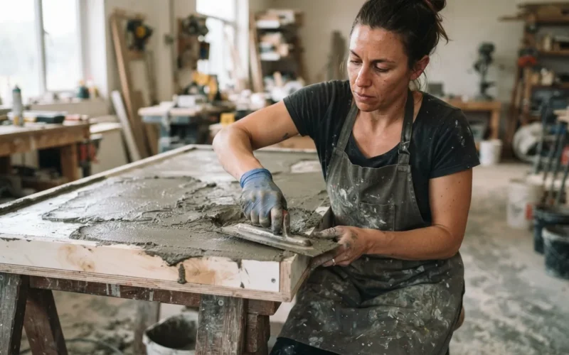 a person applying concrete to a countertop mold