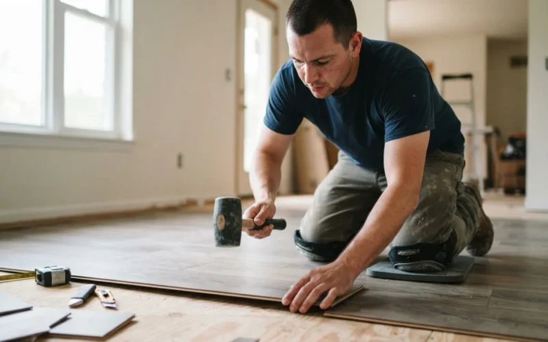 a person installing a resilient floor covering in a room