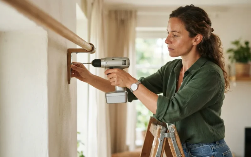 a person installing a curtain rod on a wall