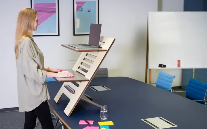 A woman uses an adjustable standing desk in a contemporary Germany office setting.