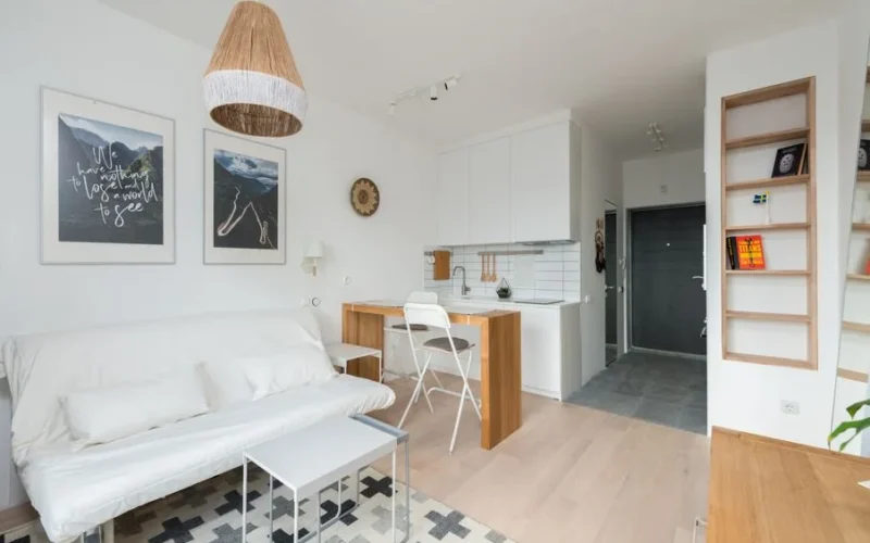 Comfortable couch with cushions placed in modern living room near kitchen zone with wooden counter and chairs
