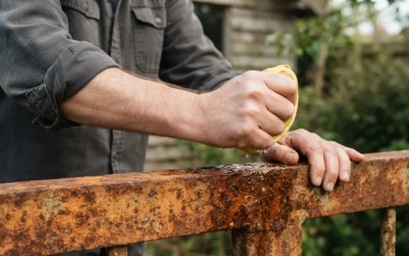 a person applying lemon juice to a rusty metal surface outdoors