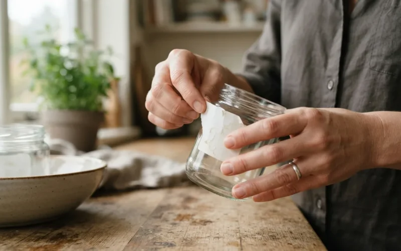 a person peeling a sticky label off a glass jar